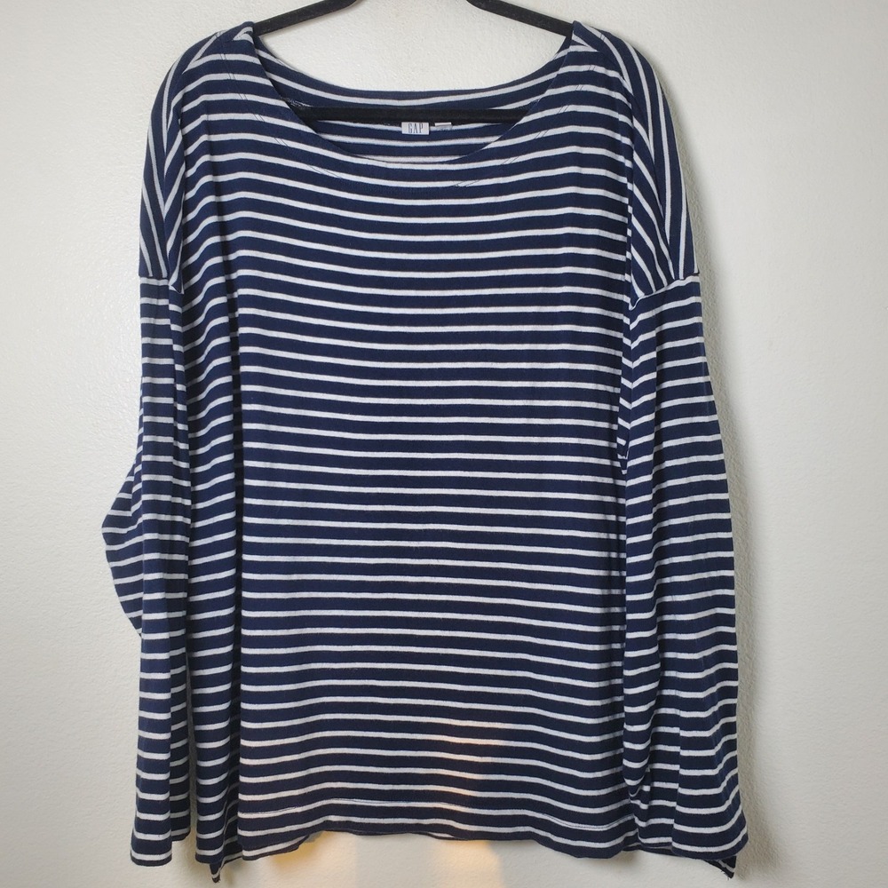 GAP Navy & White Stripe Boatneck Oversize Tunic Cotton Top Long Sleeve Shirt XXL - Picture 12 of 12